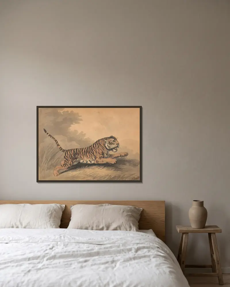 En tiger som hoppar åt höger av Samuel Howitt inramad på en vägg