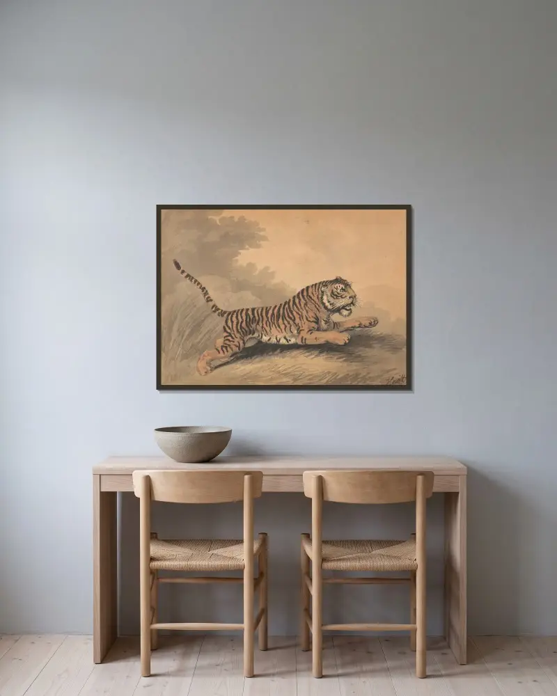 En tiger som hoppar åt höger av Samuel Howitt inramad på en vägg