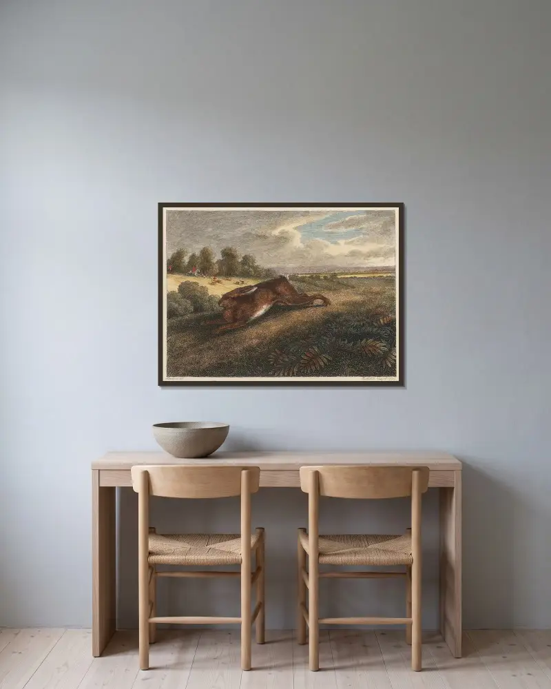 Springande hare av Samuel Howitt inramad på en vägg