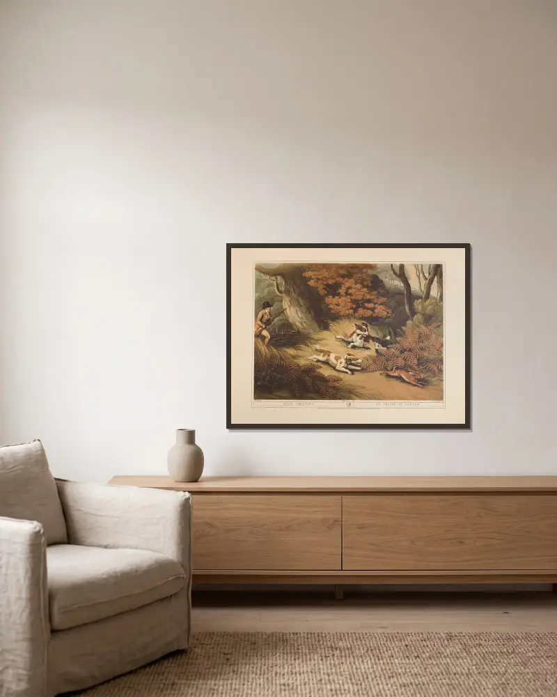 Hasenjagd von Samuel Howitt gerahmt an einer Wand