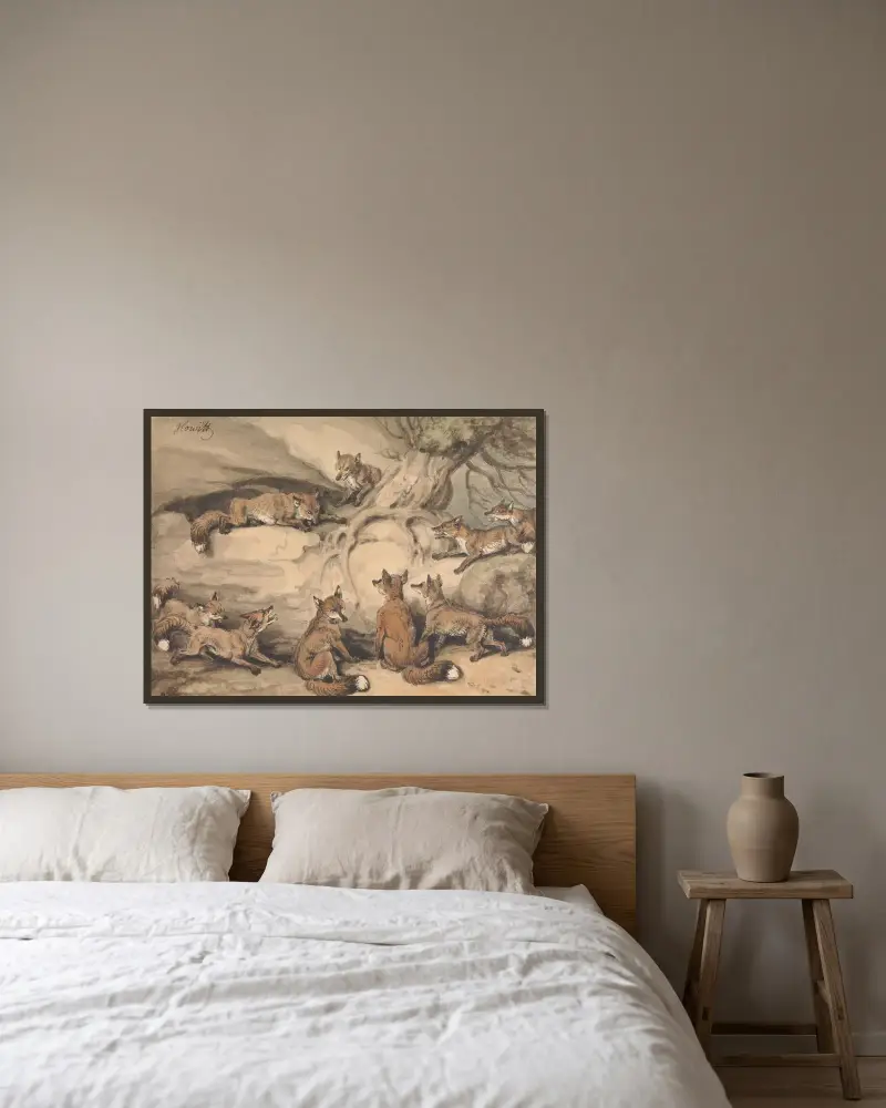Nio rävar samlade kring ett träd; en illustration av Aesops fabel "Räven som förlorade sin svans" av Samuel Howitt inramad på en vägg