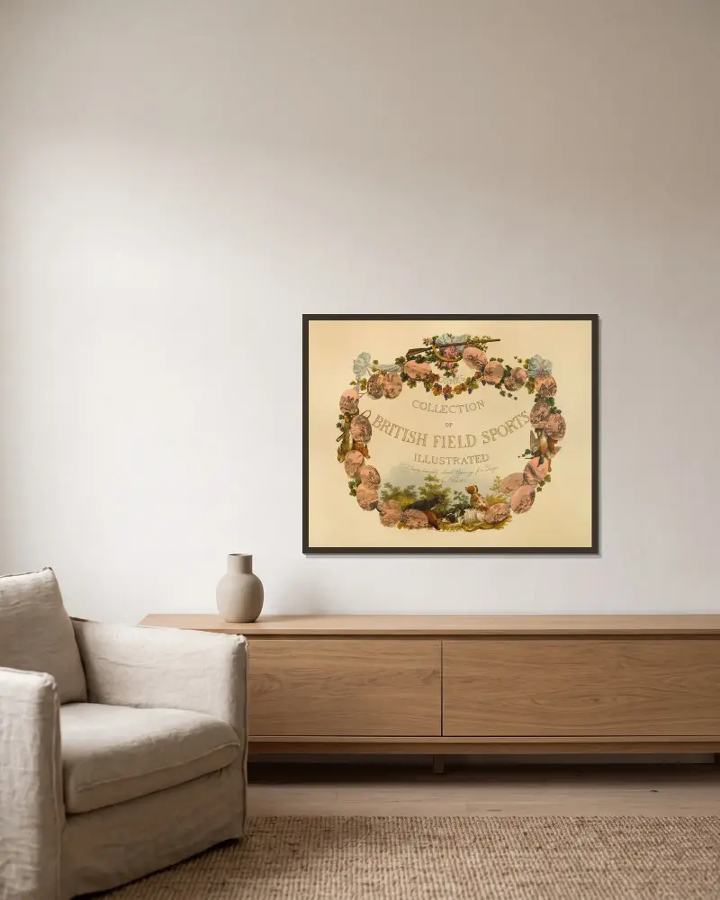 Orme’s Collection of British Field Sports – Titelblatt von Samuel Howitt gerahmt an einer Wand