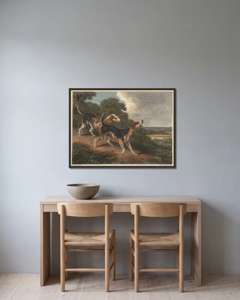 Räv- och hundmotiv av Samuel Howitt inramad på en vägg