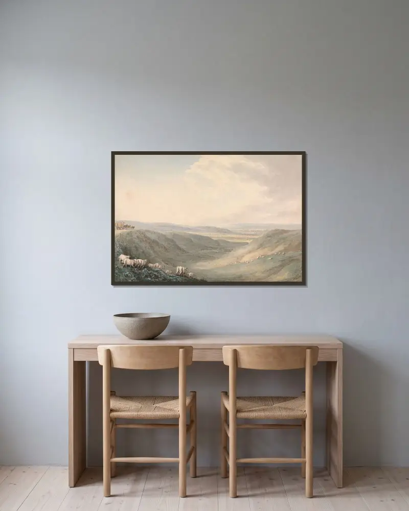 Valley Landscape with Sheep von Samuel Howitt gerahmt an einer Wand