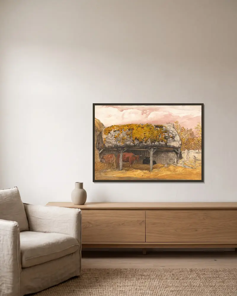 En kostall med mossa på taket av Samuel Palmer inramad på en vägg