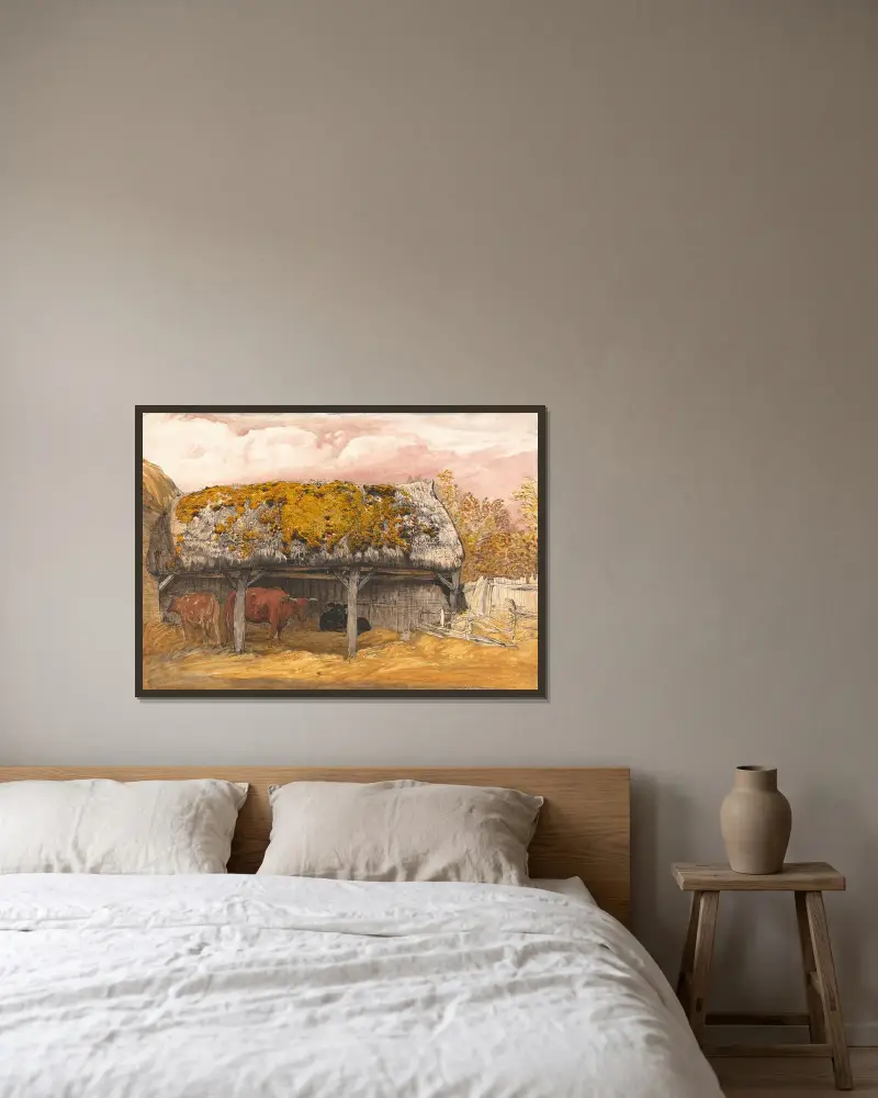 En kostall med mossa på taket av Samuel Palmer inramad på en vägg
