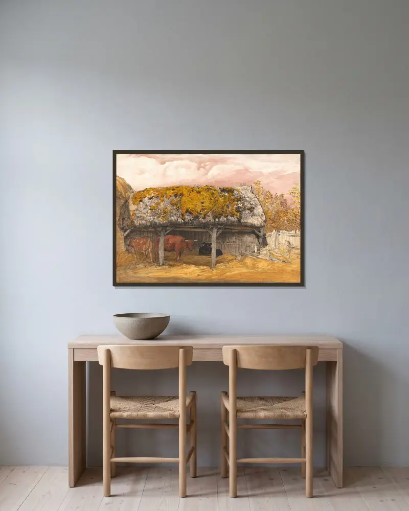 En kostall med mossa på taket av Samuel Palmer inramad på en vägg