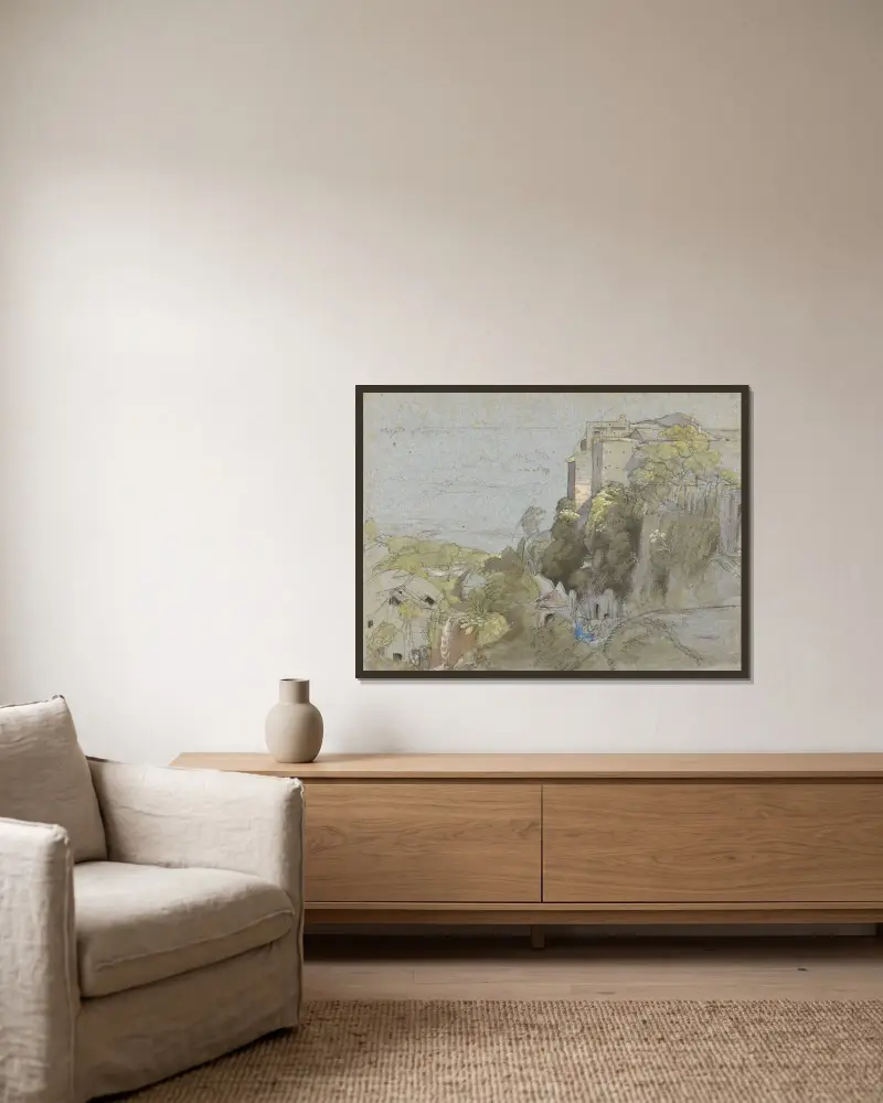 Italiensk kullerstensstad av Samuel Palmer inramad på en vägg