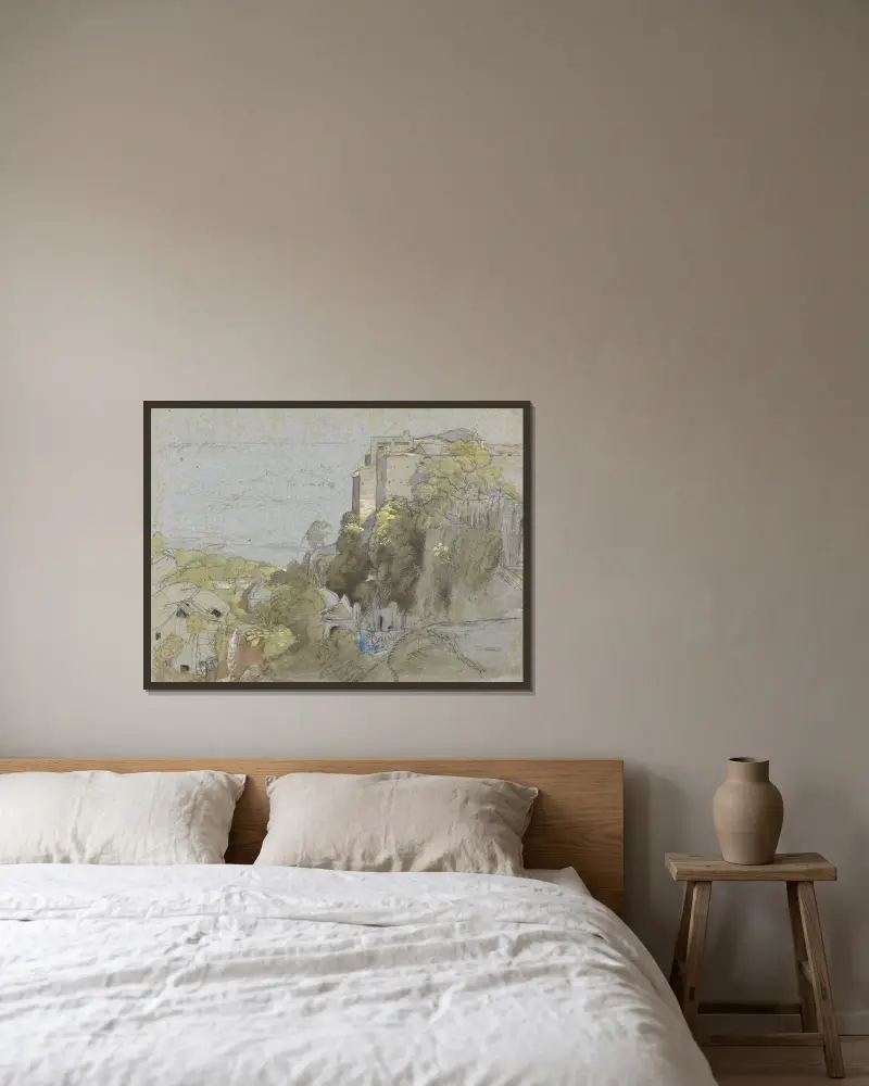 Italiensk kullerstensstad av Samuel Palmer inramad på en vägg