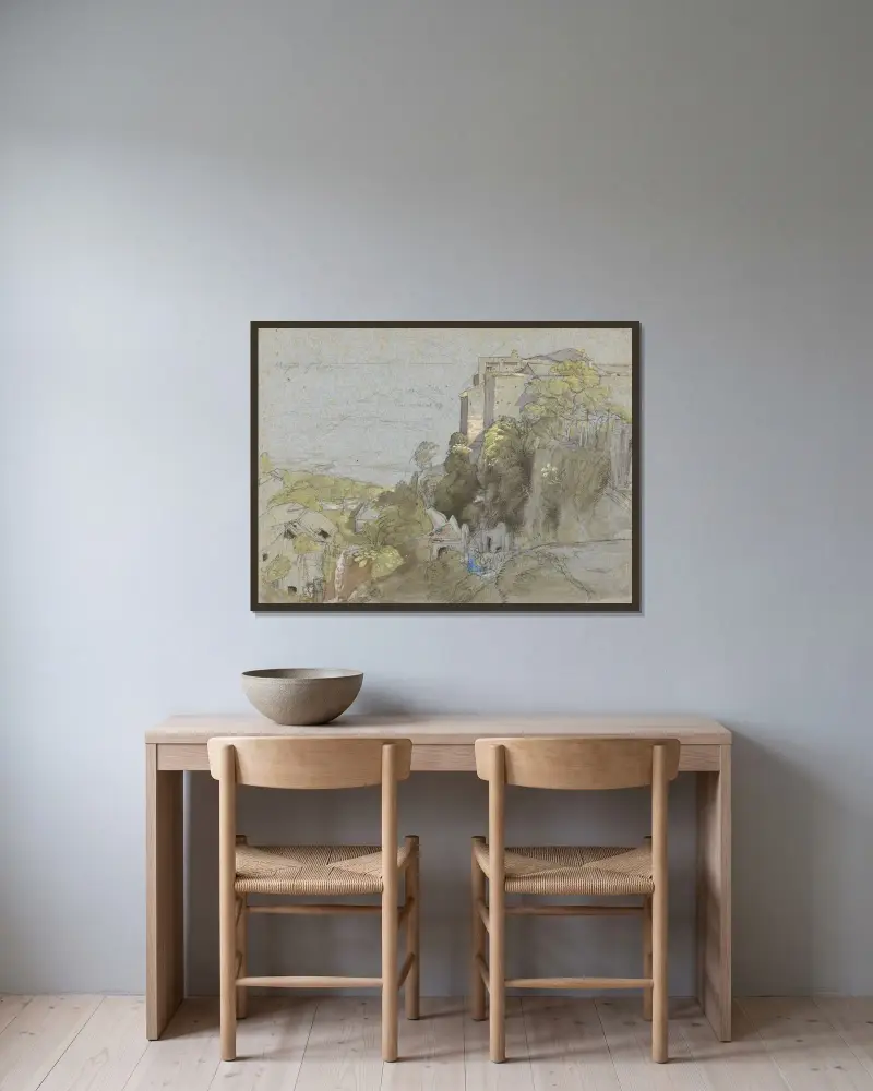 Italiensk kullerstensstad av Samuel Palmer inramad på en vägg