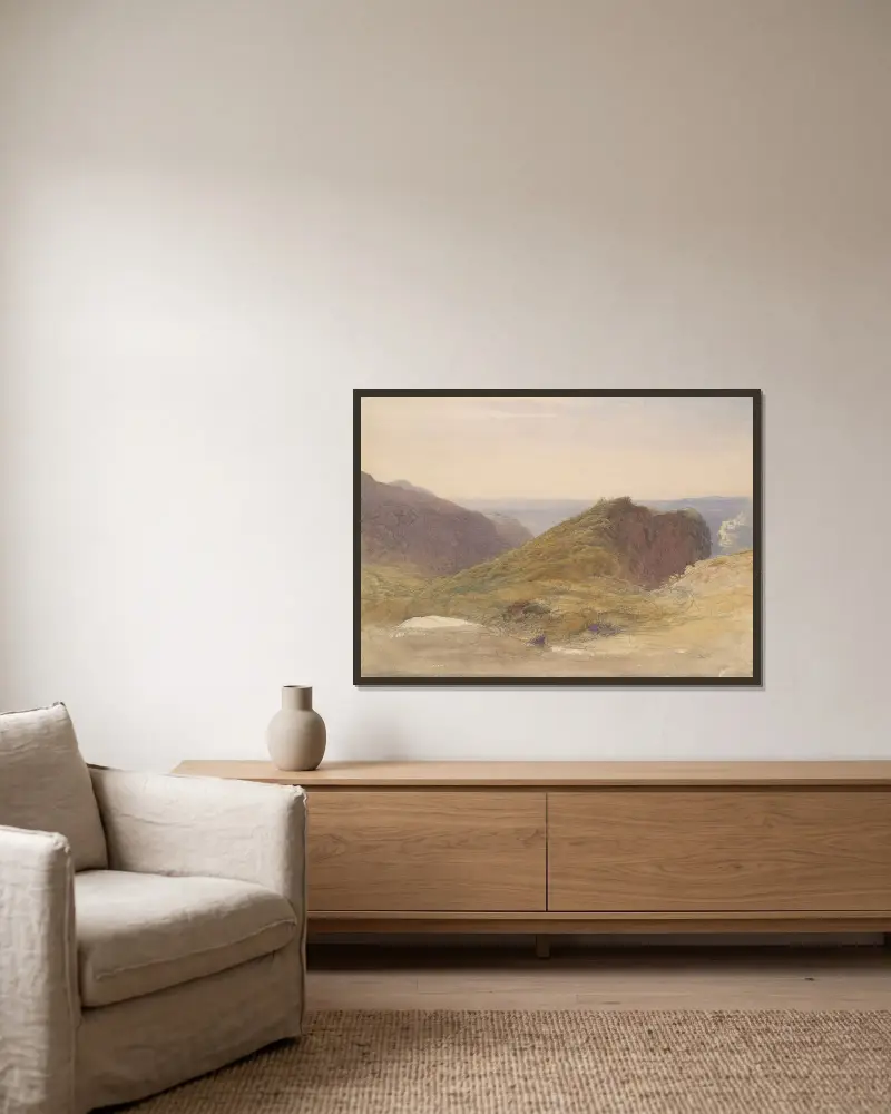 Vid Devons nordkust, Lundy Island i fjärran av Samuel Palmer inramad på en vägg