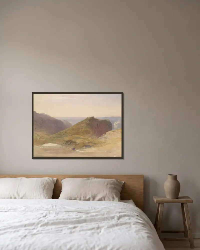 Vid Devons nordkust, Lundy Island i fjärran av Samuel Palmer inramad på en vägg