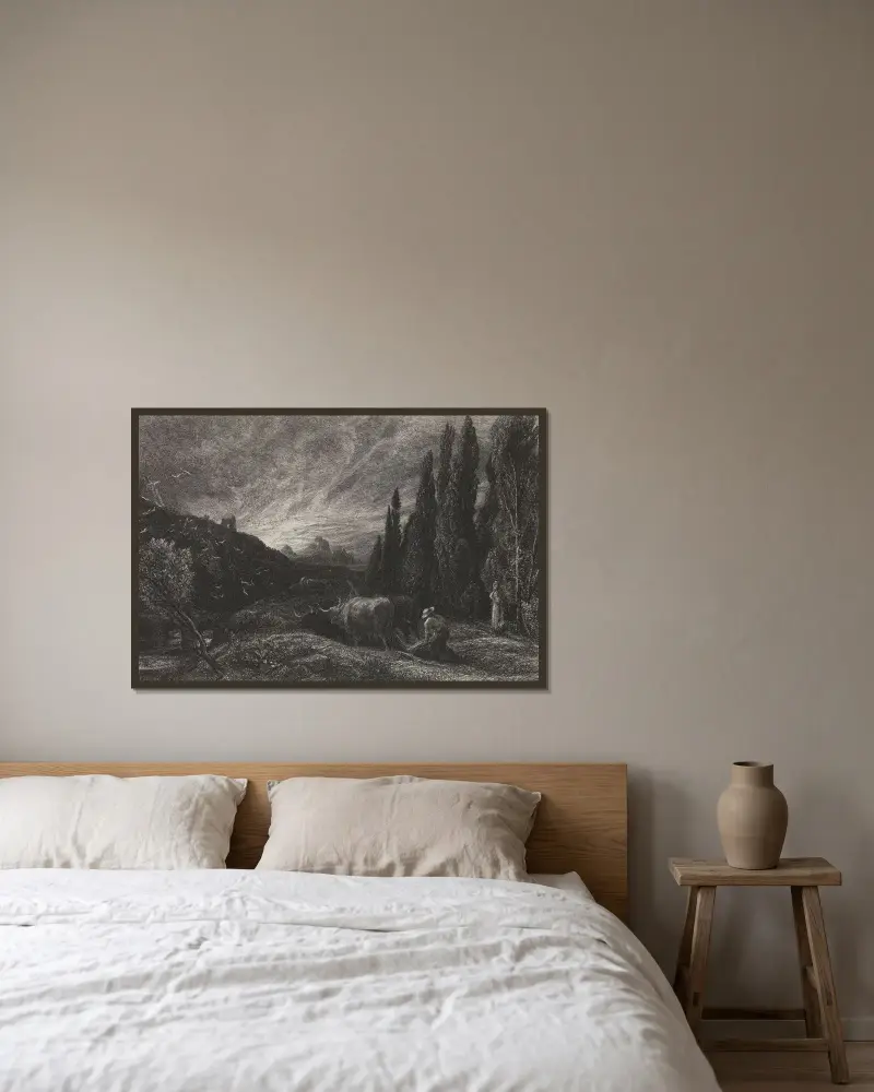 Den tidige plöjaren av Samuel Palmer inramad på en vägg