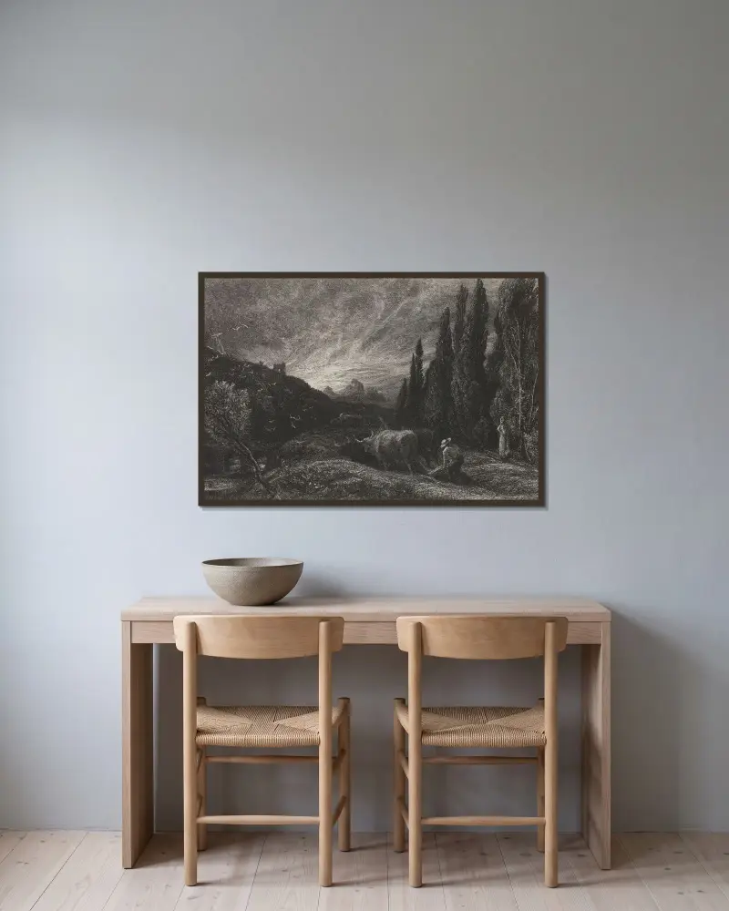 Den tidige plöjaren av Samuel Palmer inramad på en vägg