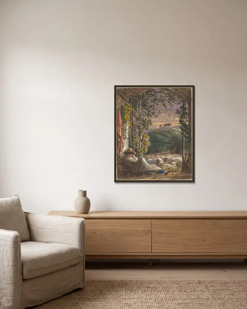 Den sovande herden; tidig morgon av Samuel Palmer inramad på en vägg