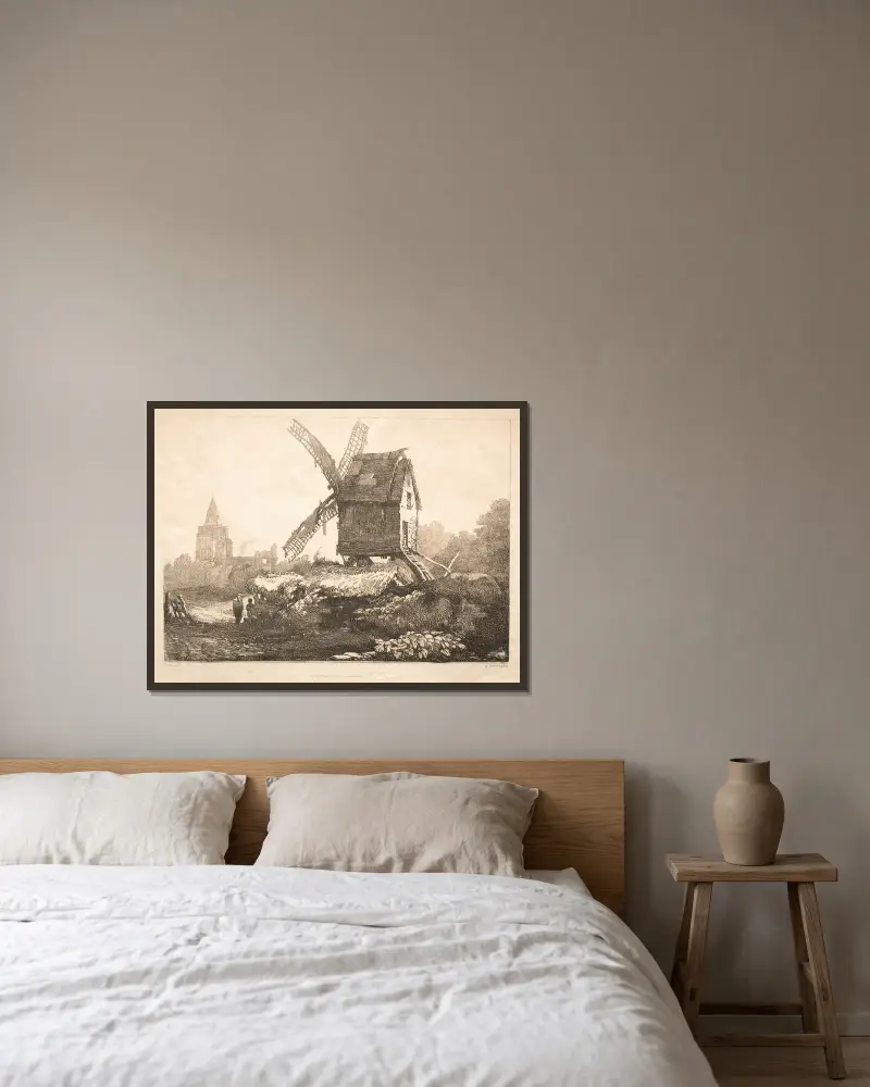 U Crowlandu, větrný mlýn, Samuel Prout v rámu na stěně