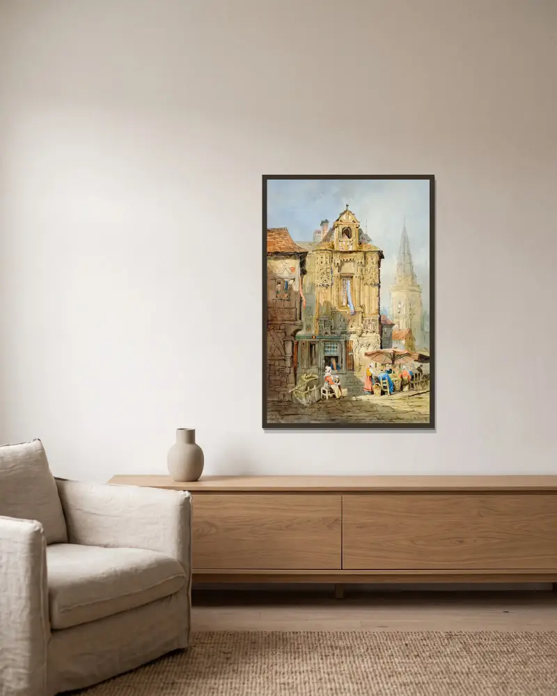 Marketplace at Bruges av Samuel Prout inramad på en vägg