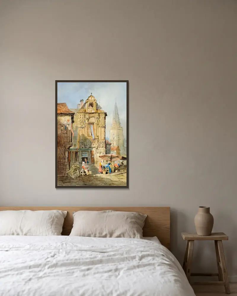 Marketplace at Bruges av Samuel Prout inramad på en vägg