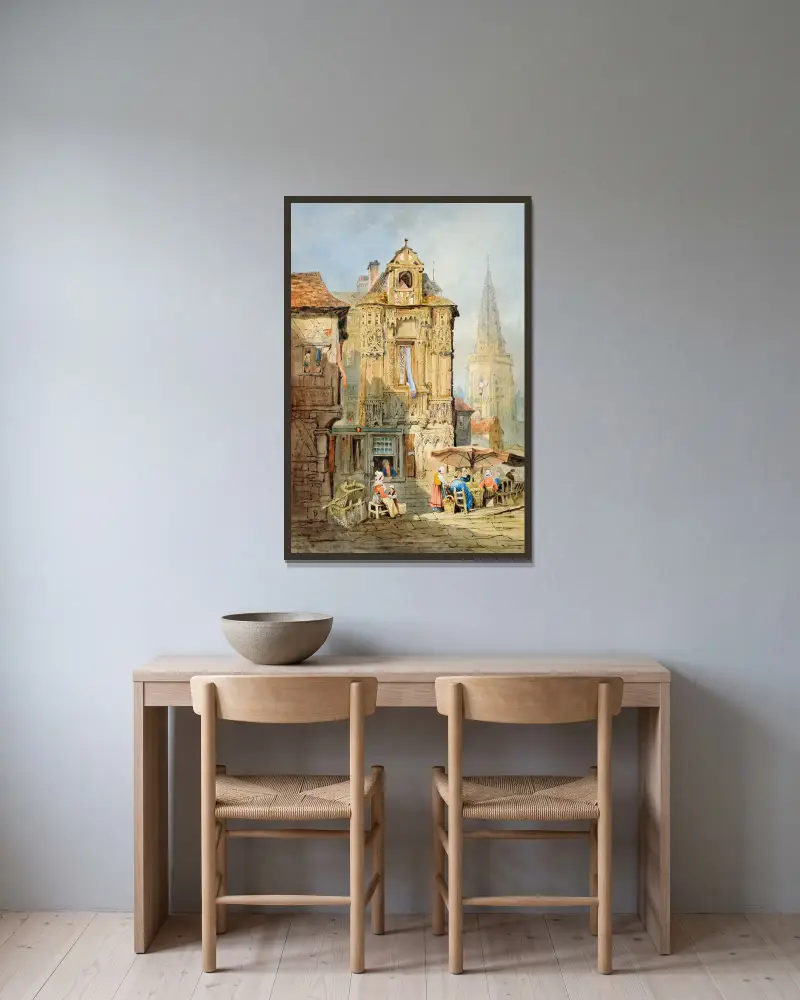 Marketplace at Bruges av Samuel Prout inramad på en vägg
