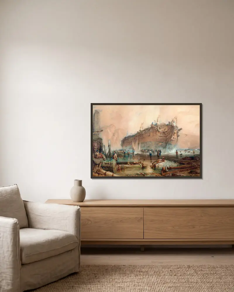 Wrack eines Ostindienfahrers von Samuel Prout gerahmt an einer Wand
