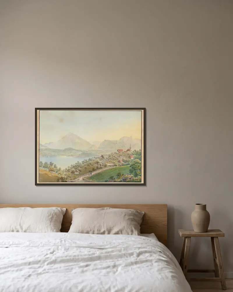 Ansicht von Sigriswil mit Niesen und Thunersee von Jakob Samuel Weibel gerahmt an einer Wand
