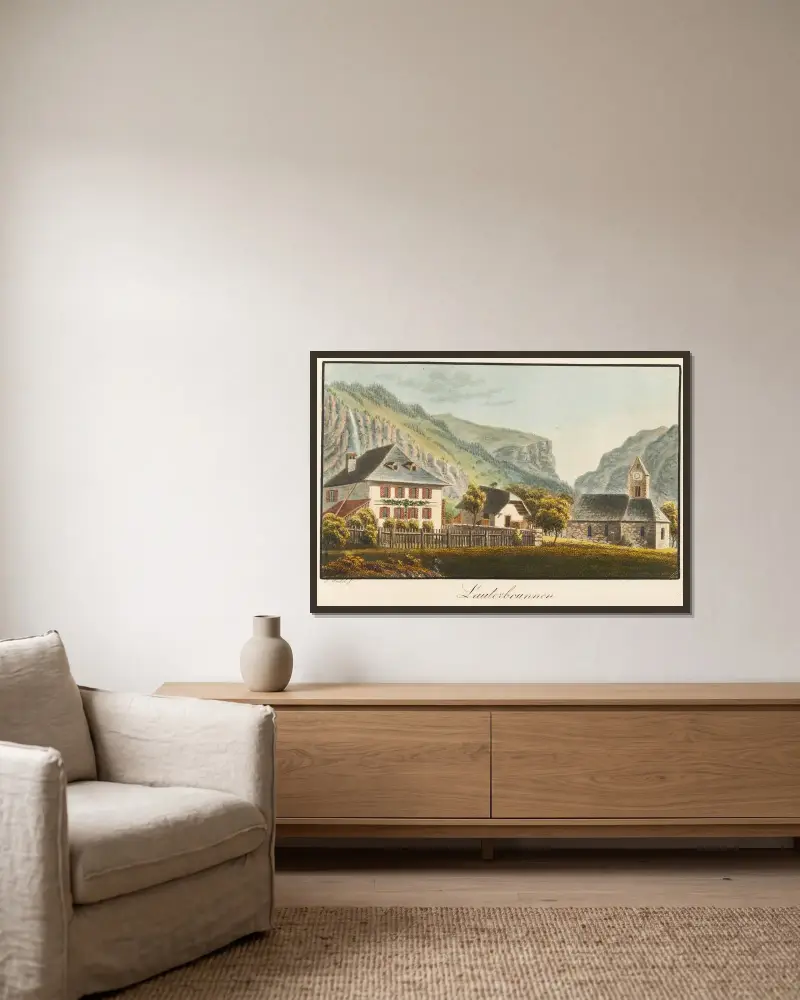 Lauterbrunnen av Jakob Samuel Weibel inramad på en vägg