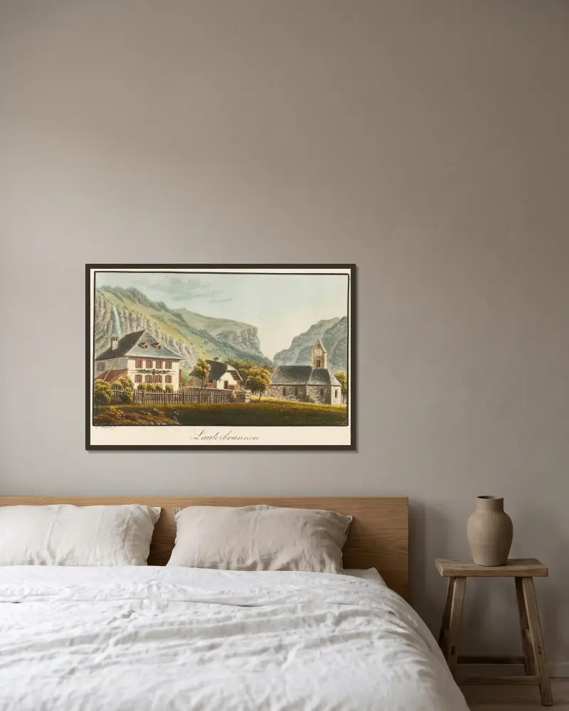 Lauterbrunnen av Jakob Samuel Weibel inramad på en vägg