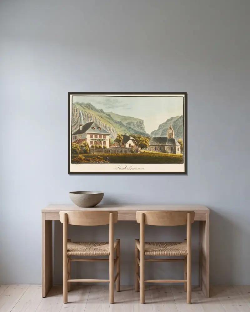 Lauterbrunnen av Jakob Samuel Weibel inramad på en vägg
