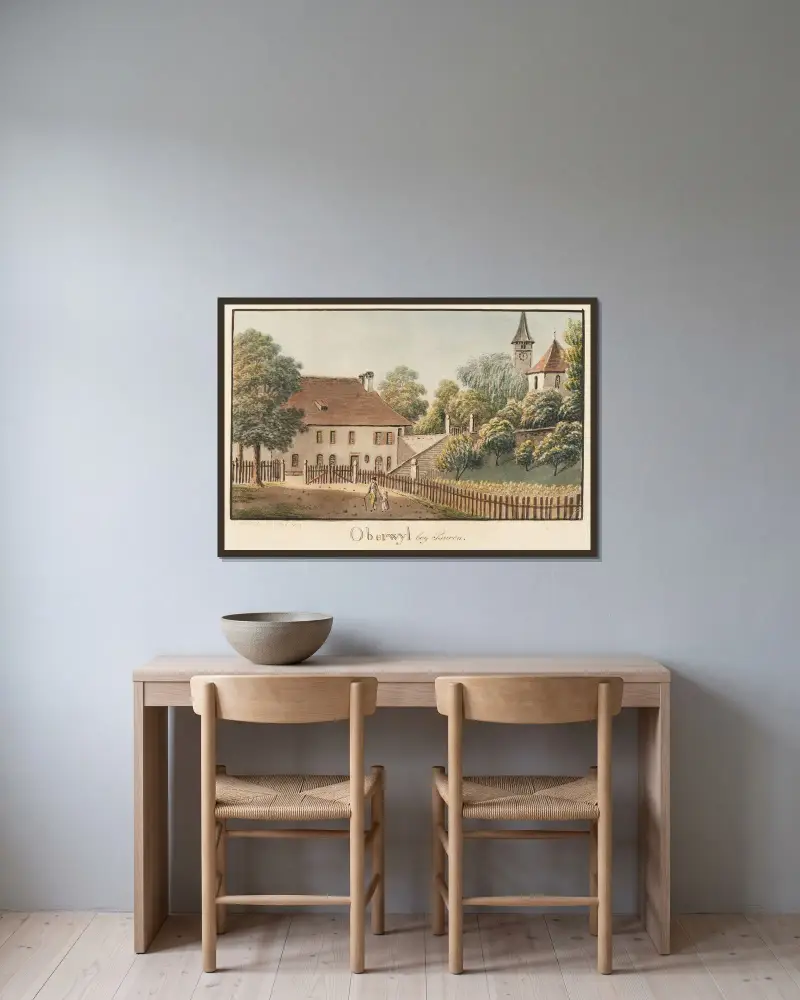 Oberwil bei Büren av Jakob Samuel Weibel inramad på en vägg