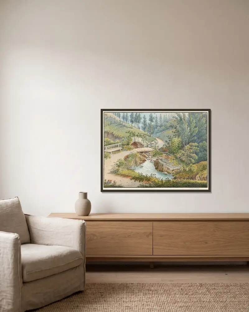 Nära Interlaken, Rugen av Jakob Samuel Weibel inramad på en vägg