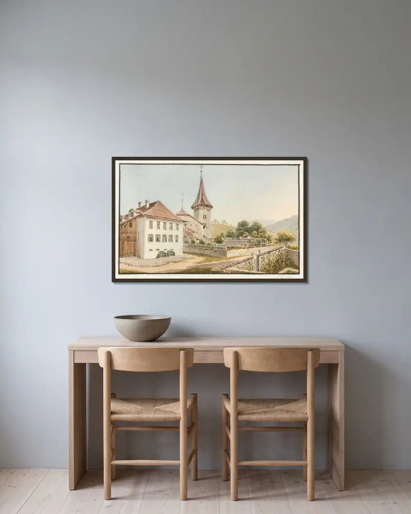 Steffisbourg av Jakob Samuel Weibel inramad på en vägg