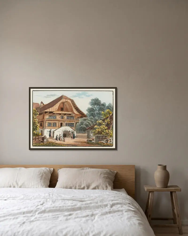 Vy av värdshuset i Matten, kantonen Bern av Jakob Samuel Weibel inramad på en vägg