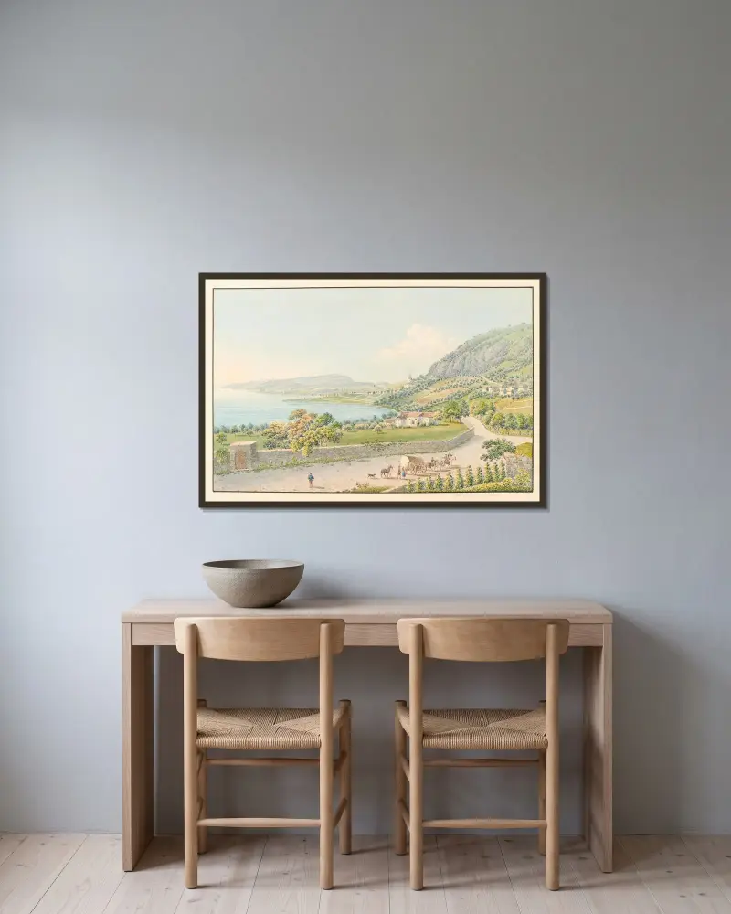 Vy från omgivningarna kring Montreux och Clarens av Jakob Samuel Weibel inramad på en vägg