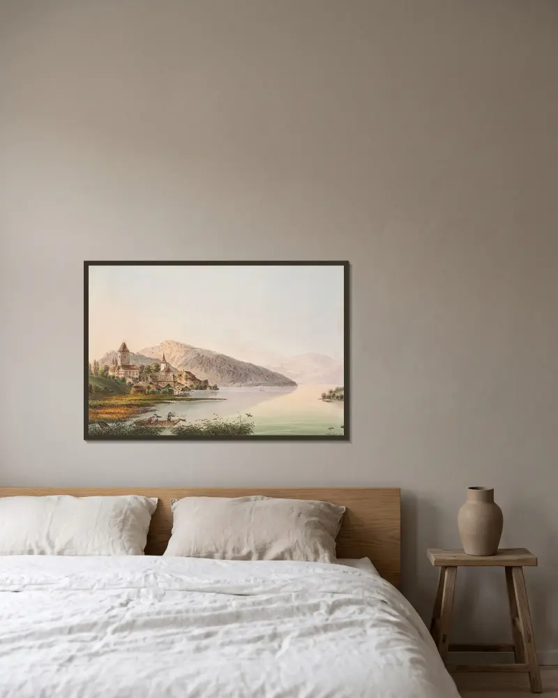 Vûe du Chateau de Spiez au Lac de Thoune av Jakob Samuel Weibel inramad på en vägg
