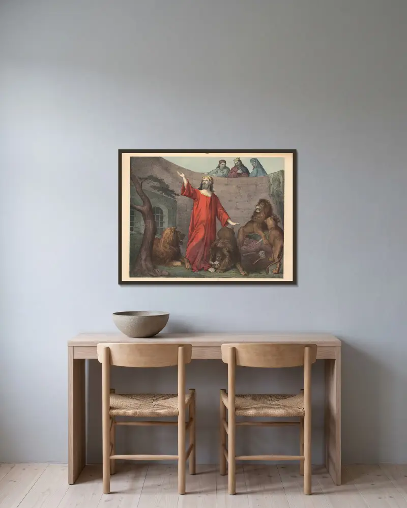 Daniel in der Löwengrube von Sandberg gerahmt an einer Wand