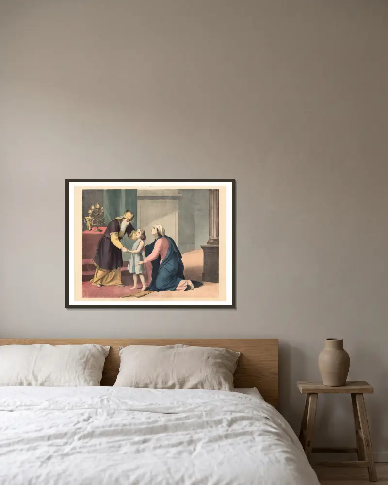Hannah übergibt Samuel an Eli von Sandberg gerahmt an einer Wand