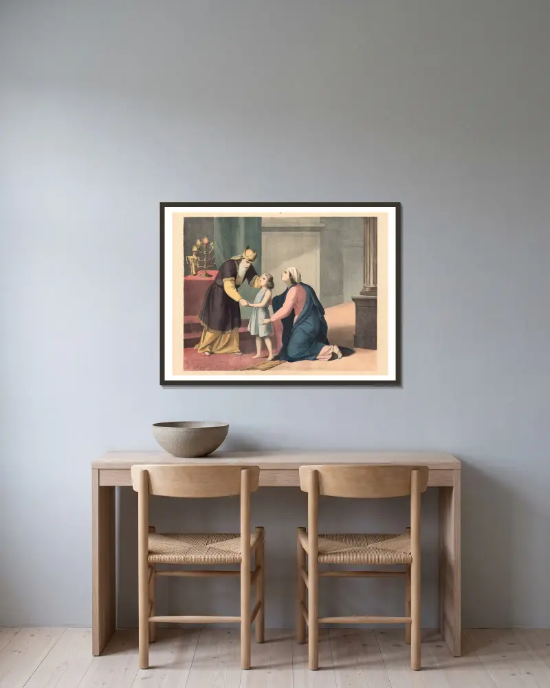 Hannah übergibt Samuel an Eli von Sandberg gerahmt an einer Wand