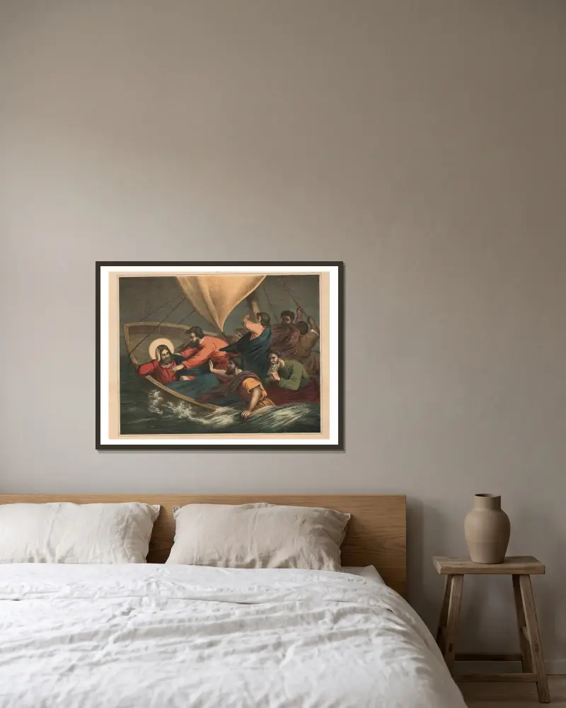 Jesus sover under stormen på Galileiska sjön av Sandberg inramad på en vägg