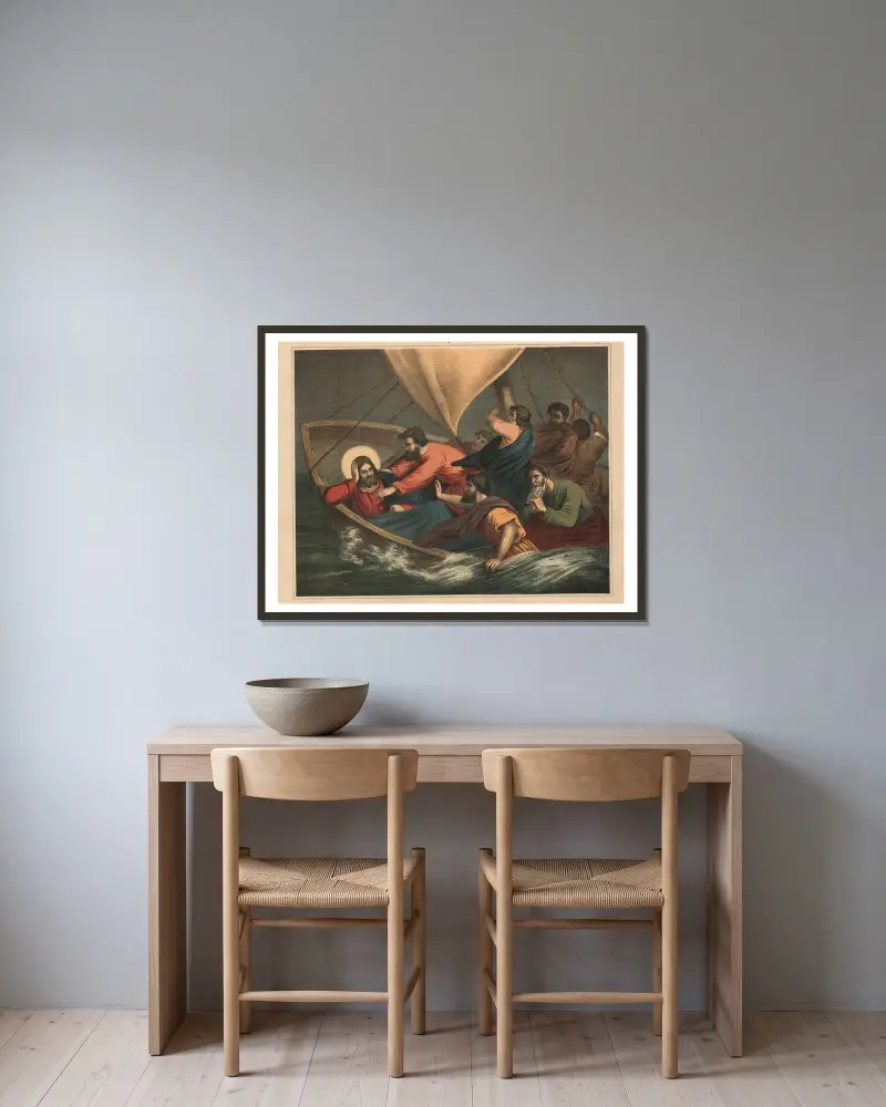 Jesus sover under stormen på Galileiska sjön av Sandberg inramad på en vägg