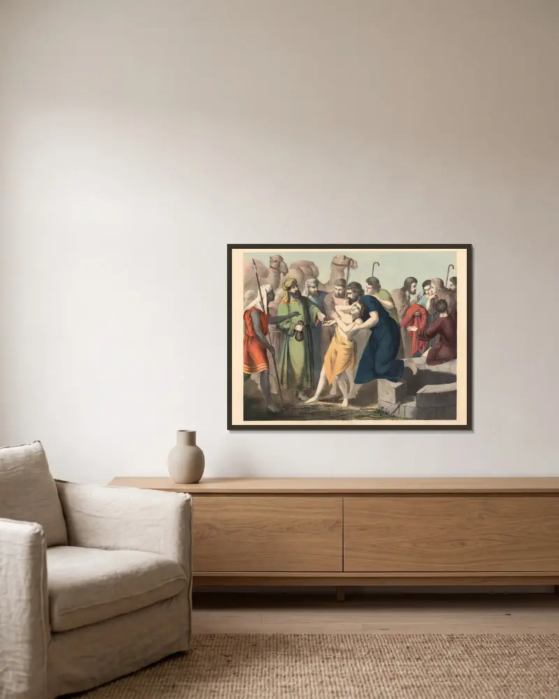 Joseph is sold by his brothers av Sandberg inramad på en vägg