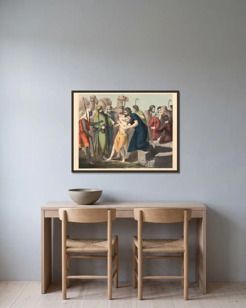 Joseph is sold by his brothers av Sandberg inramad på en vägg