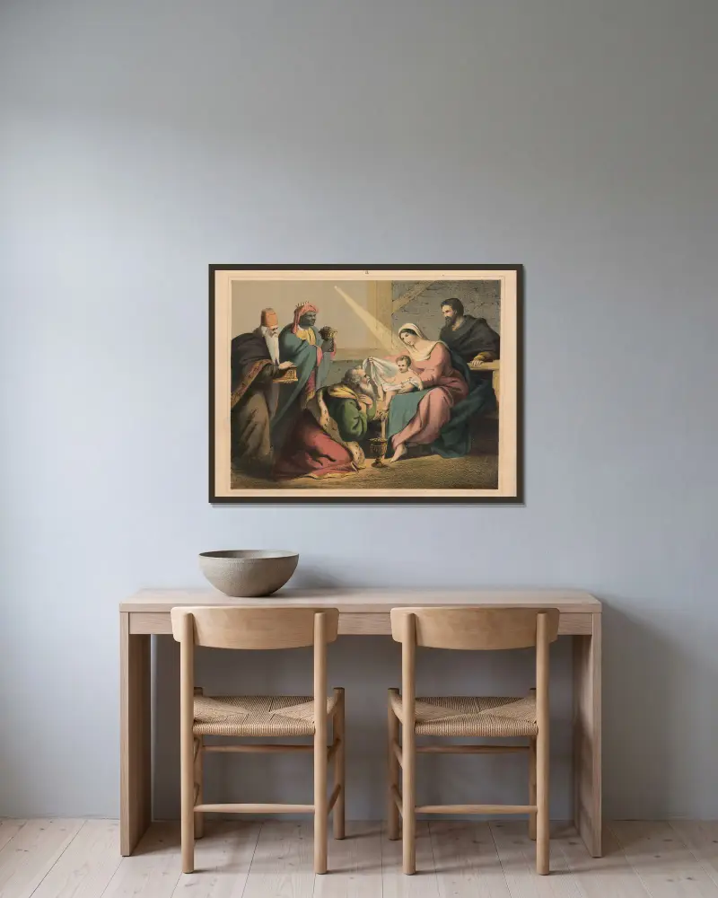 The Adoration of the Magi av Sandberg inramad på en vägg