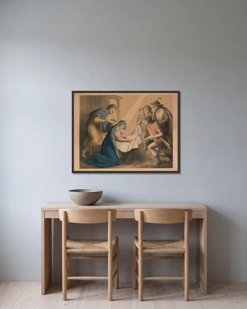 The birth of Jesus av Sandberg inramad på en vägg