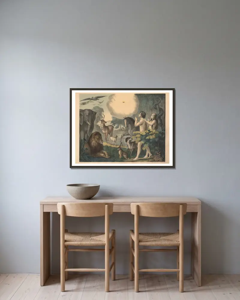 The creation of the world av Sandberg inramad på en vägg