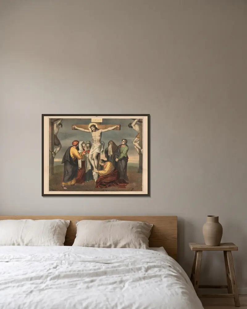 Die Kreuzigung von Sandberg gerahmt an einer Wand