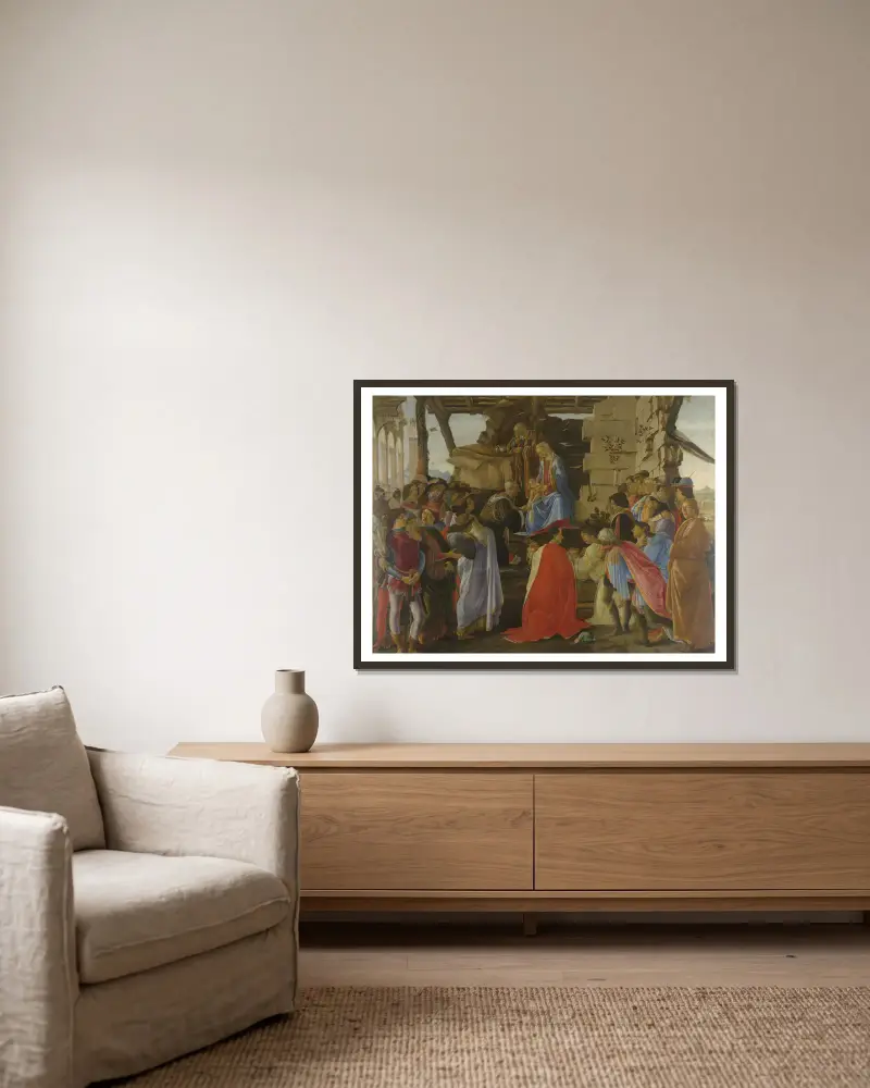 Adoration of the Magi av Sandro Botticelli inramad på en vägg