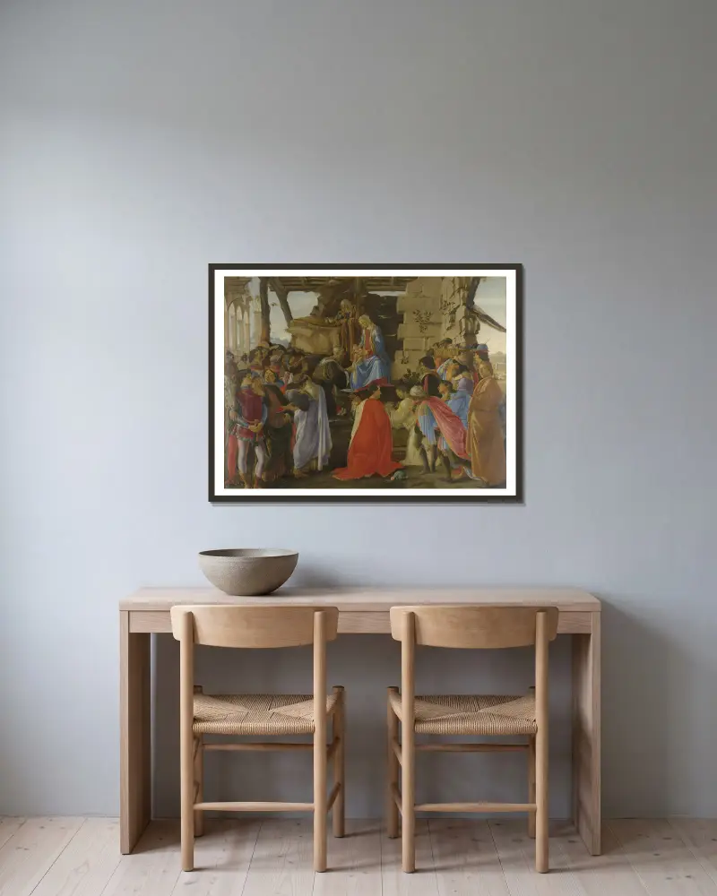 Adoration of the Magi av Sandro Botticelli inramad på en vägg