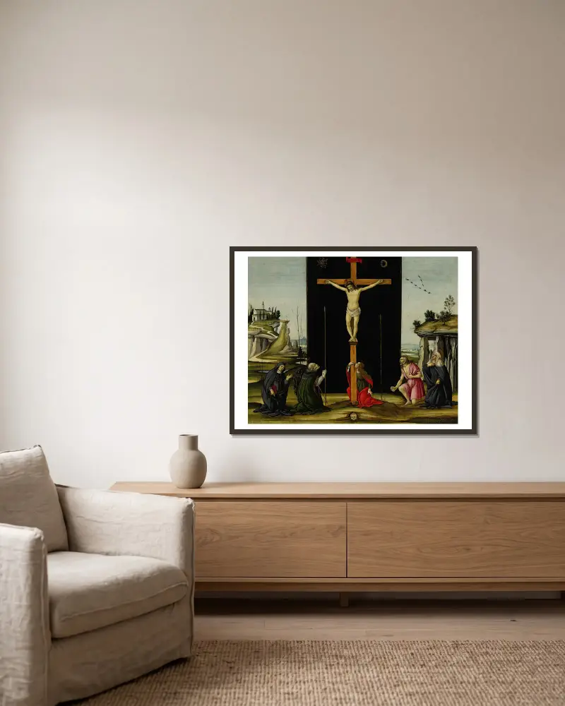Christ on the Cross adored by Saints Monica, Augustine, Mary Magdalen, Jerome and Bridget of Sweden av Sandro Botticelli inramad på en vägg