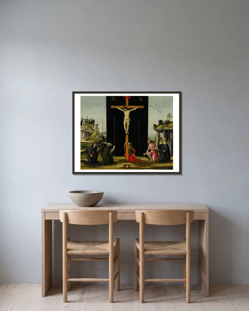 Christ on the Cross adored by Saints Monica, Augustine, Mary Magdalen, Jerome and Bridget of Sweden av Sandro Botticelli inramad på en vägg