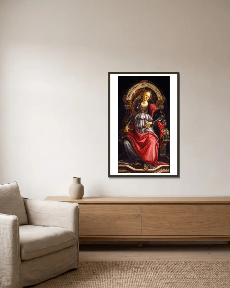 Die Tapferkeit von Sandro Botticelli gerahmt an einer Wand